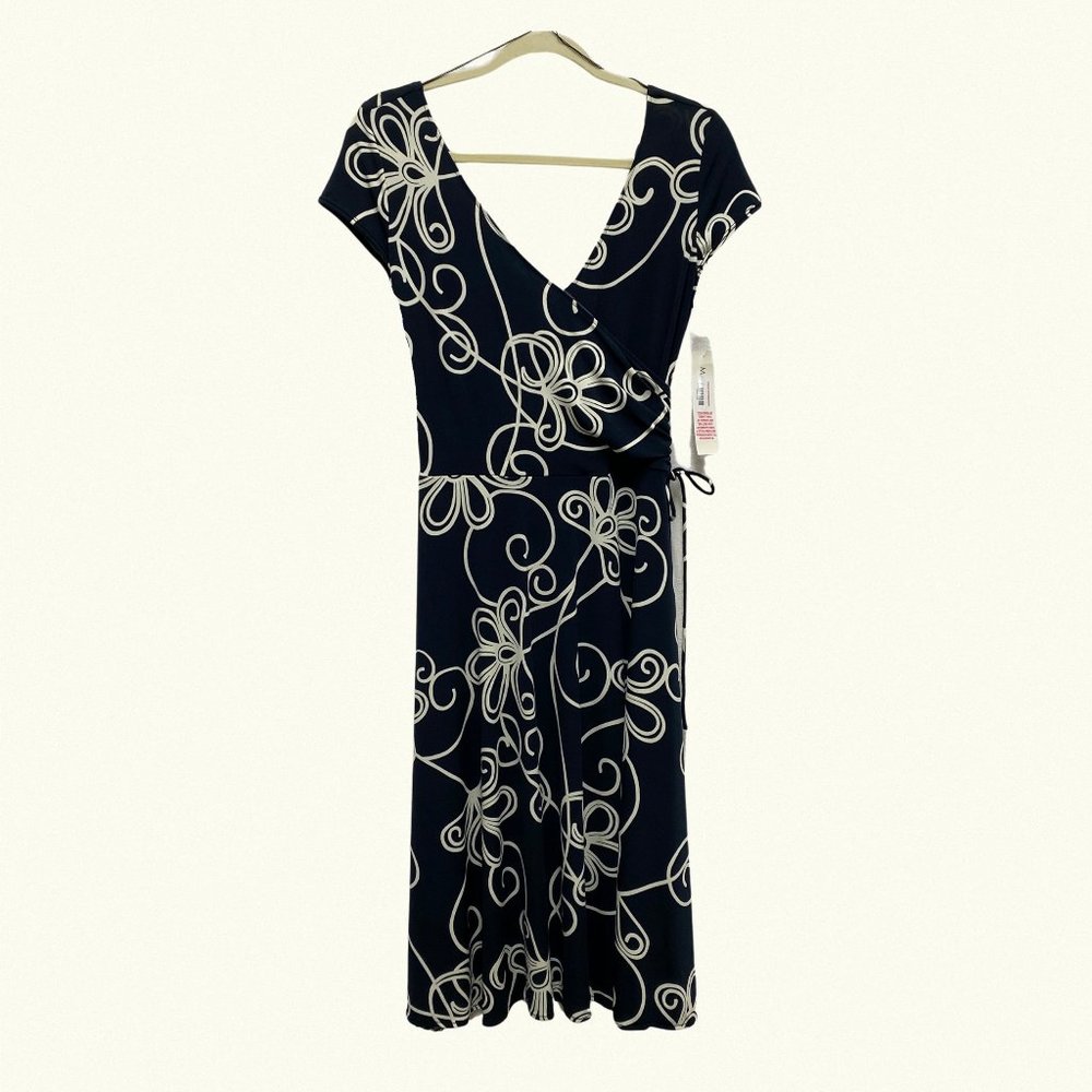 Vantage Maggy London Womens Black Ivory Dress V Neck Size 8 Faux Wrap NWT